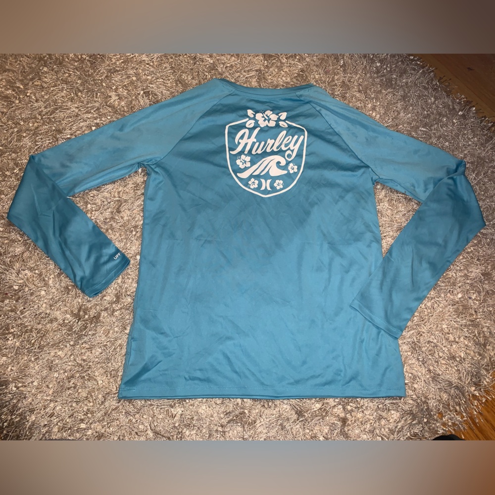 Hurley blue Long Sleeve Shirt with Logo UPF50+ sun shirt size 14/16 kids NWOT